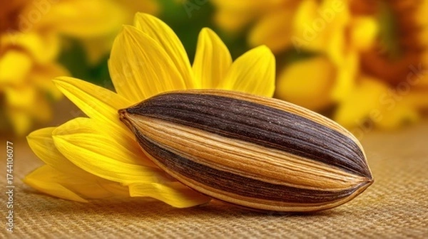 Fototapeta Sunflower seed detail macro shot with yellow petals on textured surface