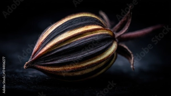 Fototapeta Close up of a striped seed pod against a dark background
