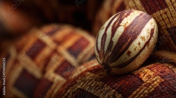 Fototapeta Close up of an exotic fruit with striped patterns and textured background