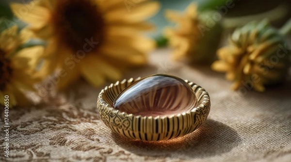 Fototapeta Elegant bowl with decorative elements and glowing contents surrounded by flowers