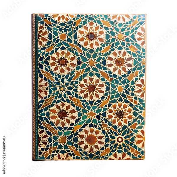 Obraz Book Cover With Intricate Geometric Mosaic Pattern In Gold And Teal Keywords: book cover, mosaic