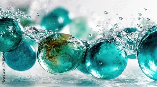 Fototapeta Close up of translucent spheres in water with splashing effect