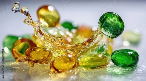 Fototapeta Colorful glass pebbles with splash in vibrant sunlight macro photography