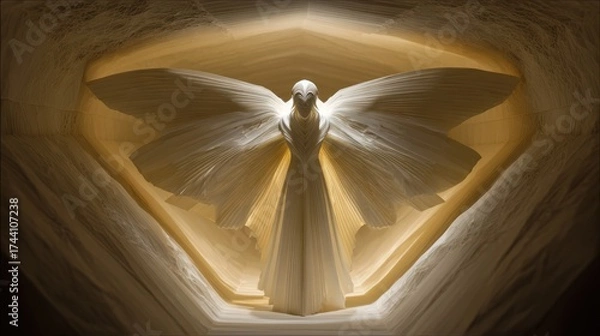 Fototapeta Statuesque figure with large wings in a glowing geometric space