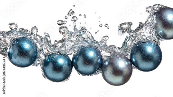 Fototapeta Water splash with spheres flowing liquid and droplets on white background