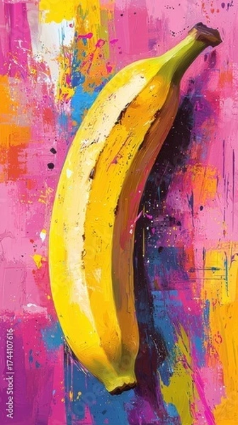 Fototapeta Vibrant Banana: A single banana, bursting with vivid hues and textured strokes, takes center stage against a backdrop of a kaleidoscope of color. A perfect depiction of culinary delight.