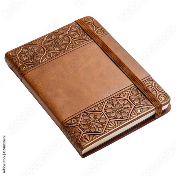 Obraz Brown leather journal with embossed floral patterns and elastic band notebook