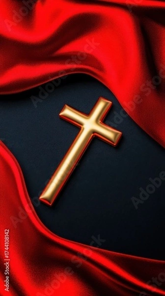 Fototapeta Golden Cross on Luxurious Silk: A radiant gold cross rests gently upon a backdrop of rich, crimson silk, the light playing across its surfaces to enhance the sense of sanctity and grace.
