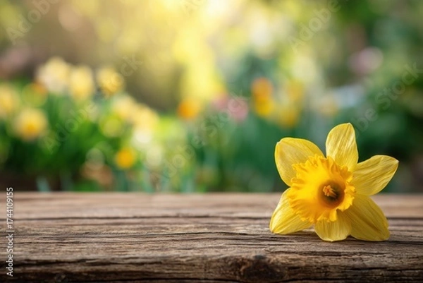 Fototapeta Spring Bloom on Wooden Surface: A single, vibrant daffodil rests gracefully on a rustic wooden surface, illuminated by the soft, natural light of a sunny spring day.