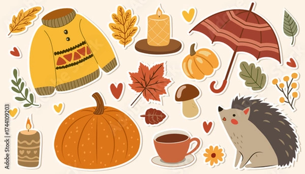Fototapeta Autumn sticker set. Autumn vector illustrations are isolated on a plain background. EPS10