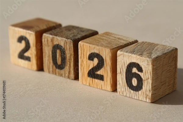 Fototapeta 2026 Wooden Blocks: A close-up shot of wooden blocks displaying the year 2026, symbolizing anticipation and future planning. The wooden blocks create a rustic aesthetic.