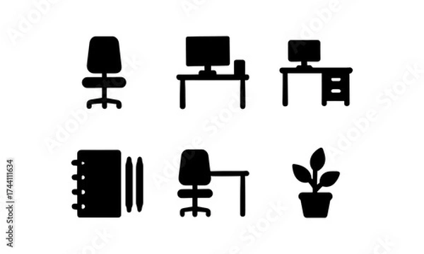 Fototapeta Office furniture icon set with desk chair and computer in silhouette style
