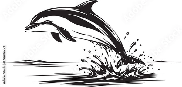 Fototapeta Dynamic dolphin leaping gracefully out of water creating a splash artistic monochrome sketch splash