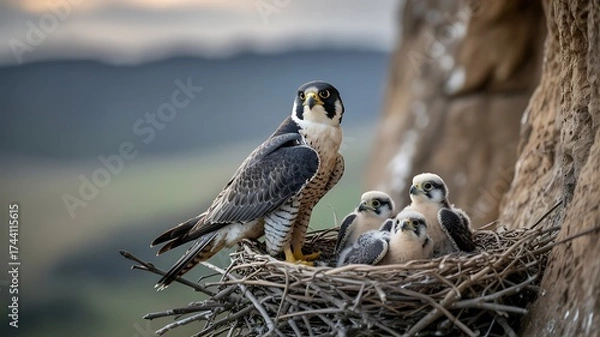 Fototapeta Peregrine falcon with its chicks in a nest on a cliffside family portrait of wild birds in their natural habitat showing maternal care and wildlife preservation