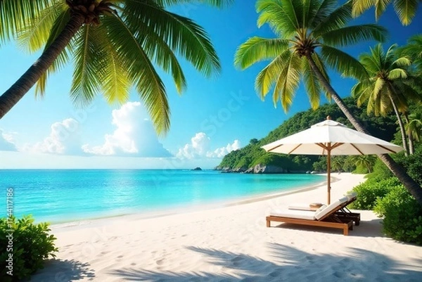 Fototapeta Tranquil Beach Resort Luxurious Oceanfront Escape with Palm Trees and Cocktails