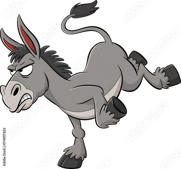 Fototapeta Cartoon Donkey Character with Angry Expression and Kicking Legs Isolated Against White Background for Humorous or Educational Purposes