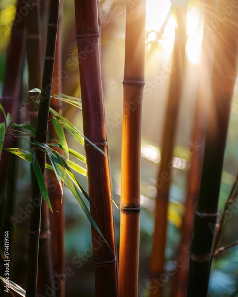 Fototapeta Sunlight filters through tall bamboo stalks, creating serene and natural atmosphere