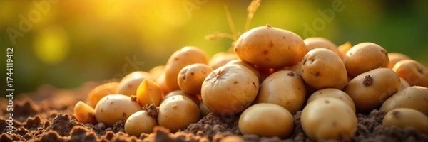 Fototapeta Golden Sunlight Bathes Freshly Harvested Potatoes in a Field, Evoking Simple Joy and Abundance