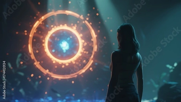Fototapeta Woman Contemplates a Futuristic Portal with Glowing Orbs and Energetic Rings Discovering New Worlds