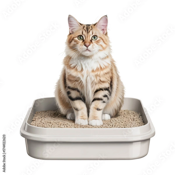 Obraz Ginger Cat Sitting in Litter Box on Transparent Background with Black Background