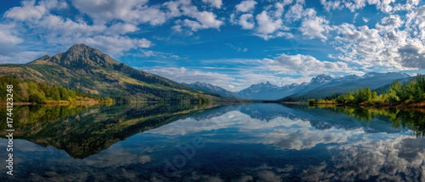 Fototapeta Serene lake reflects majestic mountain range under vast, partly cloudy sky, creating tranquil and picturesque landscape