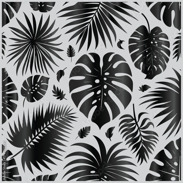 Fototapeta tropical palm and monstera leaves arranged in seamless BACKGROUND