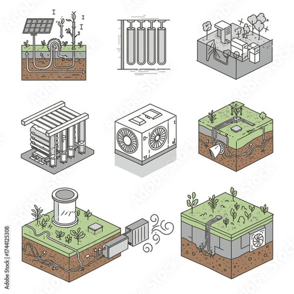 Fototapeta Detailed isometric line art illustrations depicting various sustainable energy technologies, eco-friendly infrastructure, and environmental solutions in cross-section views.