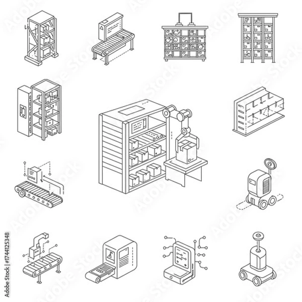 Fototapeta A comprehensive collection of isometric outline icons illustrating modern warehouse automation, smart logistics, and advanced industrial processes.