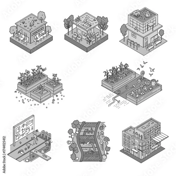 Fototapeta A diverse set of isometric line art illustrations showcasing sustainable urban living, green architecture, and innovative eco-farming concepts for cities.