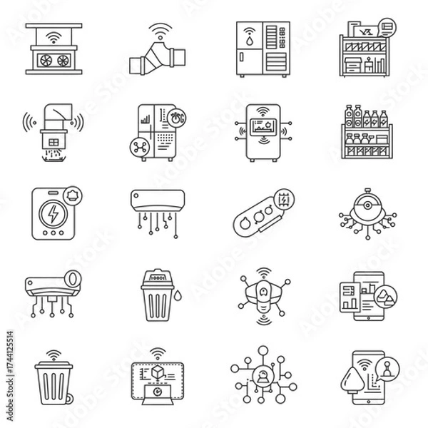Fototapeta This collection features modern smart home and Internet of Things line icons, showcasing advanced technological devices for automated living and future connectivity.