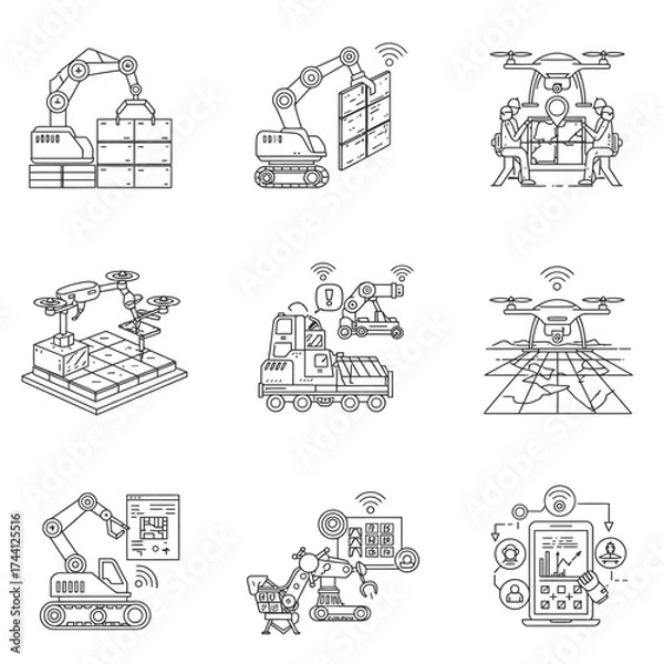 Fototapeta A sleek collection of line art icons illustrating advanced automation, robotics, and drone technology, driving innovation in smart industries and future urban development.
