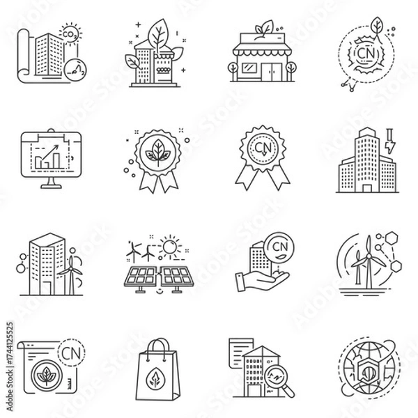 Fototapeta This versatile collection of modern line icons effectively illustrates sustainable architecture, renewable energy, eco-friendly certifications, and carbon neutrality.