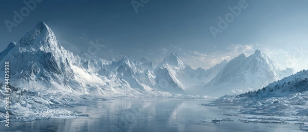 Fototapeta Serene frozen lake surrounded by snowy mountains under clear sky. tranquil scene evokes sense of peace and wonder