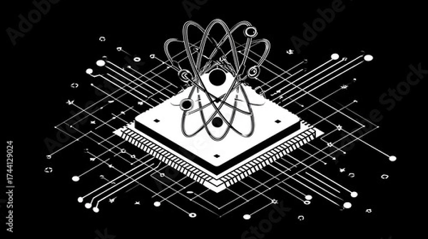 Obraz 3D abstract quantum processor with atomic energy symbol and digital network connections on futuristic circuit background
