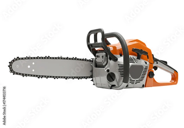 Fototapeta Robust Orange and Silver Chainsaw with Sharp Chain Isolated on White Background isolated on transparent background