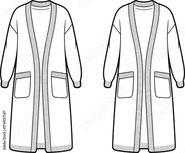 Fototapeta Front Technical Sketch of Long Cardigan Sweater with Ribbed Open Front, Ribbed Cuffs, Ribbed Hemline, Long Sleeves, and Patch Pockets for Fashion Illustration