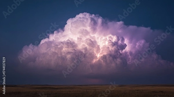 Fototapeta Dramatic Thunderstorm With Lightning Illuminating Night Sky Over Open Field. Nature'S Power And Beauty Captured