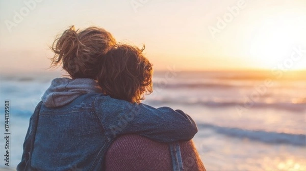 Fototapeta Two People Embracing While Watching A Serene Ocean Sunset. Capturing A Moment Of Connection And Tranquility