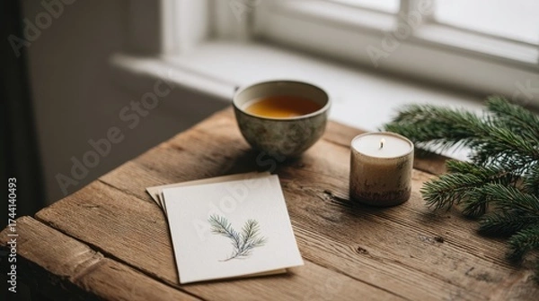 Fototapeta Cozy Winter Scene With Tea, Candle, And Pine Branch On Rustic Table. Warmth And Tranquility In A Serene Setting