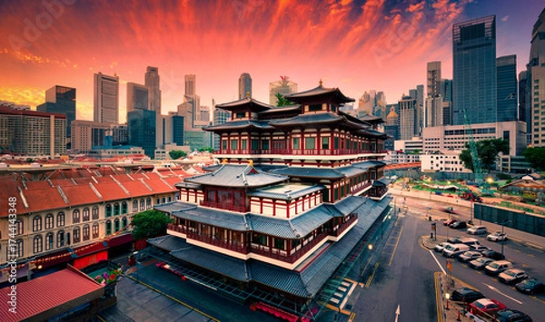 Obraz Buddha Tooth Relic Temple at sunrise in China town, Singapore.