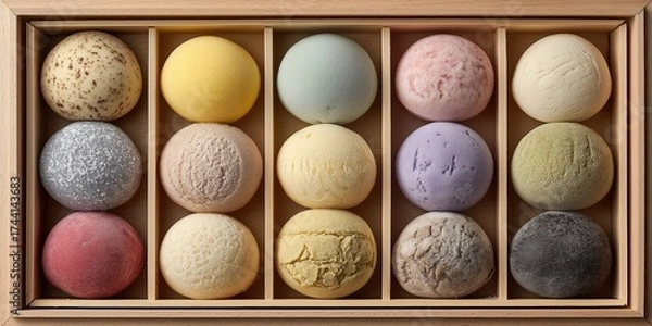 Obraz Assorted mochi ice cream in wooden box with various flavors and colors