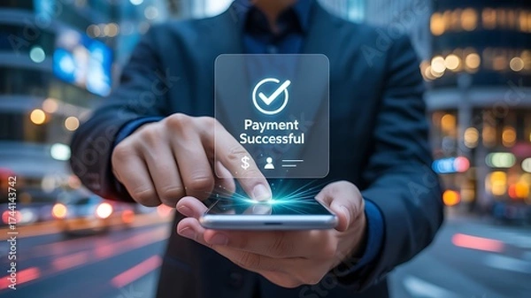 Obraz Man uses smartphone for successful online payment in city at night