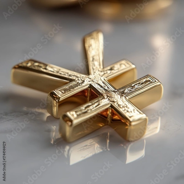 Fototapeta Elegant gold cross on marble surface reflecting luxury and sophistication