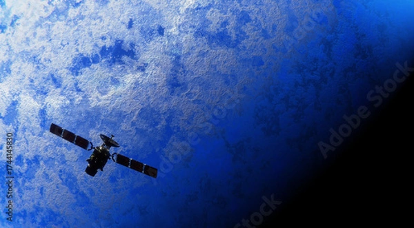 Fototapeta Satellite in Space passing planet, 3D animation