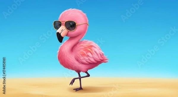 Obraz Flamand rose mignon lunettes soleil plage dessin anime vif couleurs. AI Generated