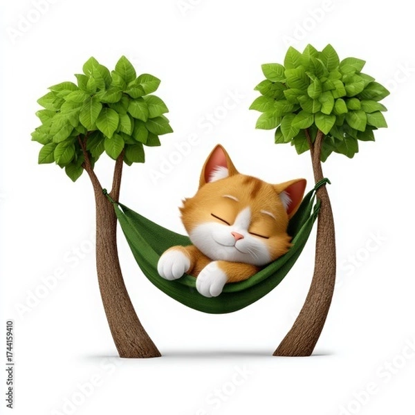 Fototapeta Cute Cat Relaxing in Hammock Between Two Cartoon Trees