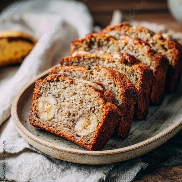 Fototapeta Freshly Baked Banana Bread Slices on a Rustic Plate