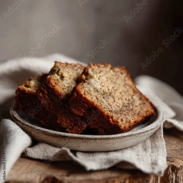 Fototapeta Freshly Baked Banana Bread Slices on a Rustic Wooden Table
