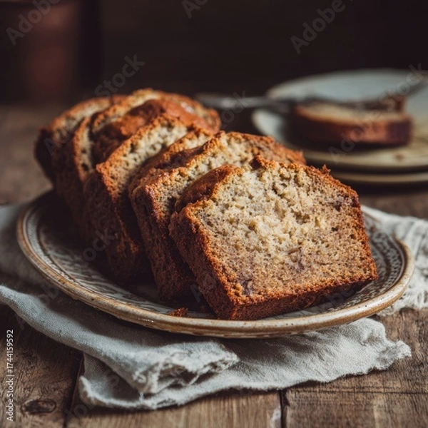 Fototapeta Sliced Homemade Banana Bread on Rustic Wooden Table with Plate