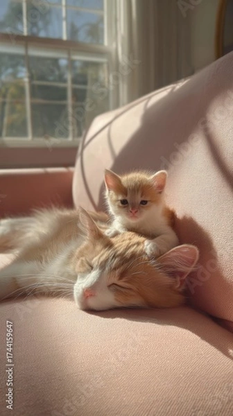 Fototapeta Cozy Kittens Relaxing Together on a Soft Couch in Sunlight